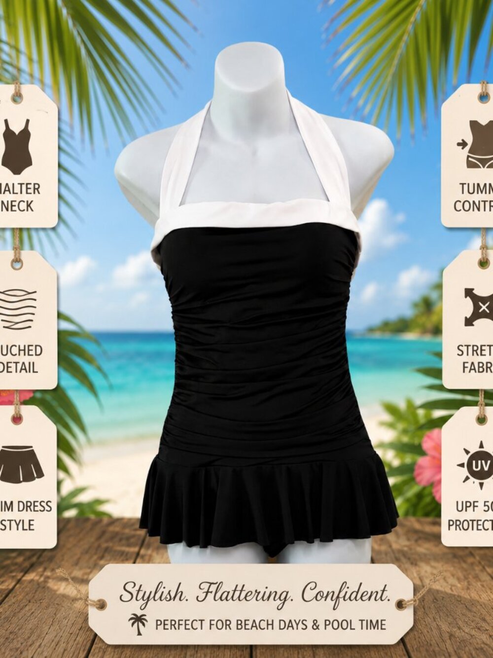 Lauren Ralph Lauren One Piece Swimsuit Halter Ruffle Skirt Size 10 Black & White - Picture 3 of 9
